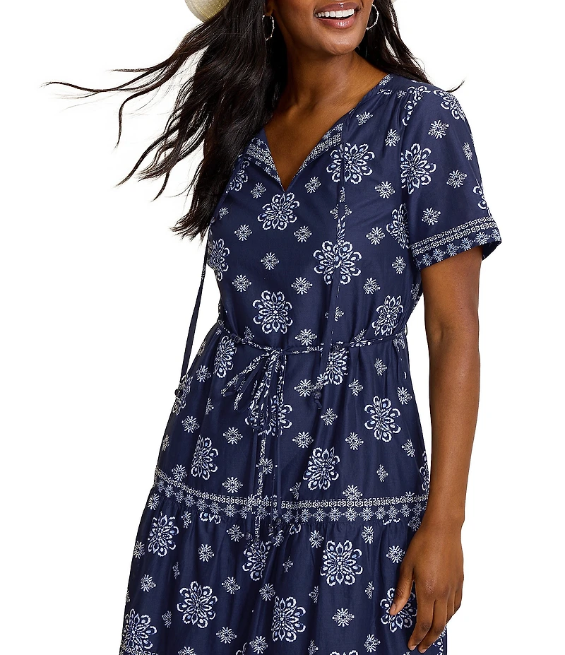 Tommy Bahama Coastal Tiles V-Neck Short Sleeve Tiered Midi Dress