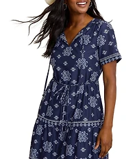 Tommy Bahama Coastal Tiles V-Neck Short Sleeve Tiered Midi Dress
