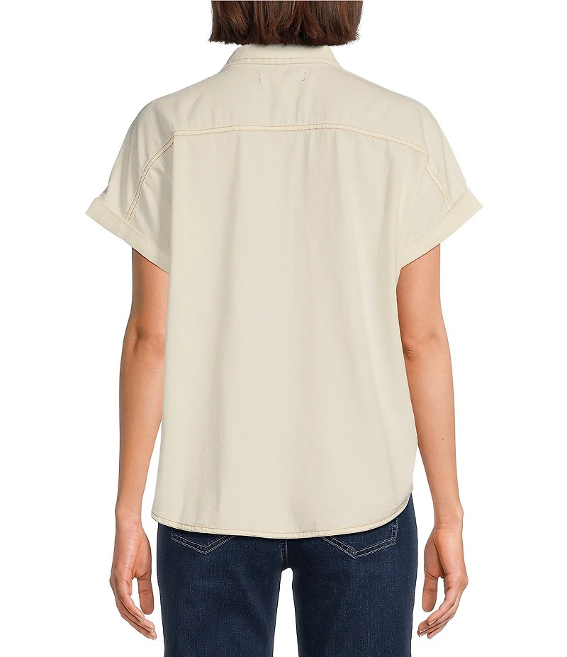 Tommy Bahama Coastal Twill Point Collar Short Sleeve Patch Pocket Contrast Stitch Shirt