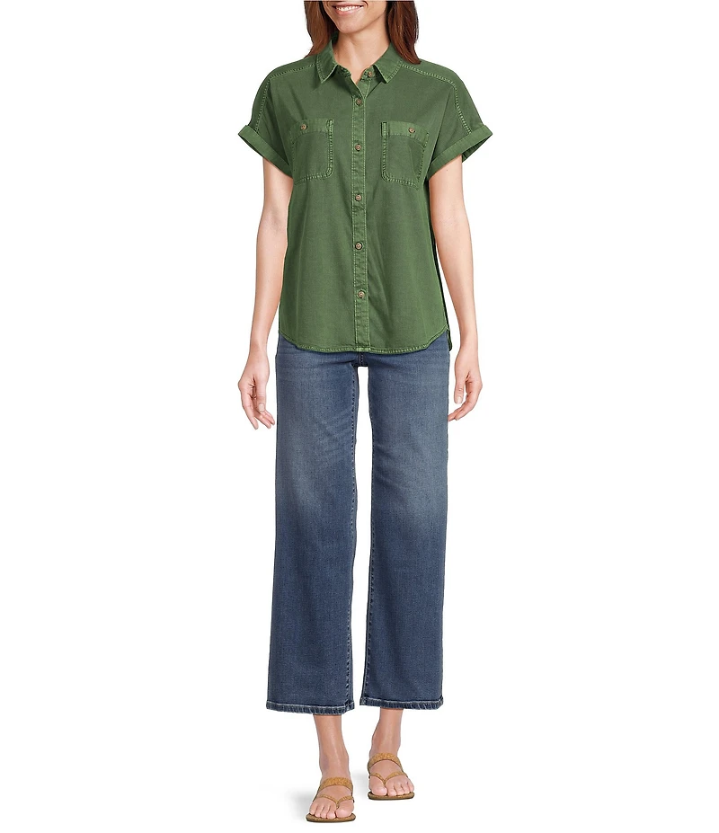 Tommy Bahama Coastal Twill Point Collar Short Sleeve Patch Pocket Contrast Stitch Shirt