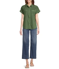 Tommy Bahama Coastal Twill Point Collar Short Sleeve Patch Pocket Contrast Stitch Shirt