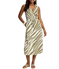 Tommy Bahama Coastal Zebra Satin V-Neck Sleeveless Faux Wrap Midi Dress