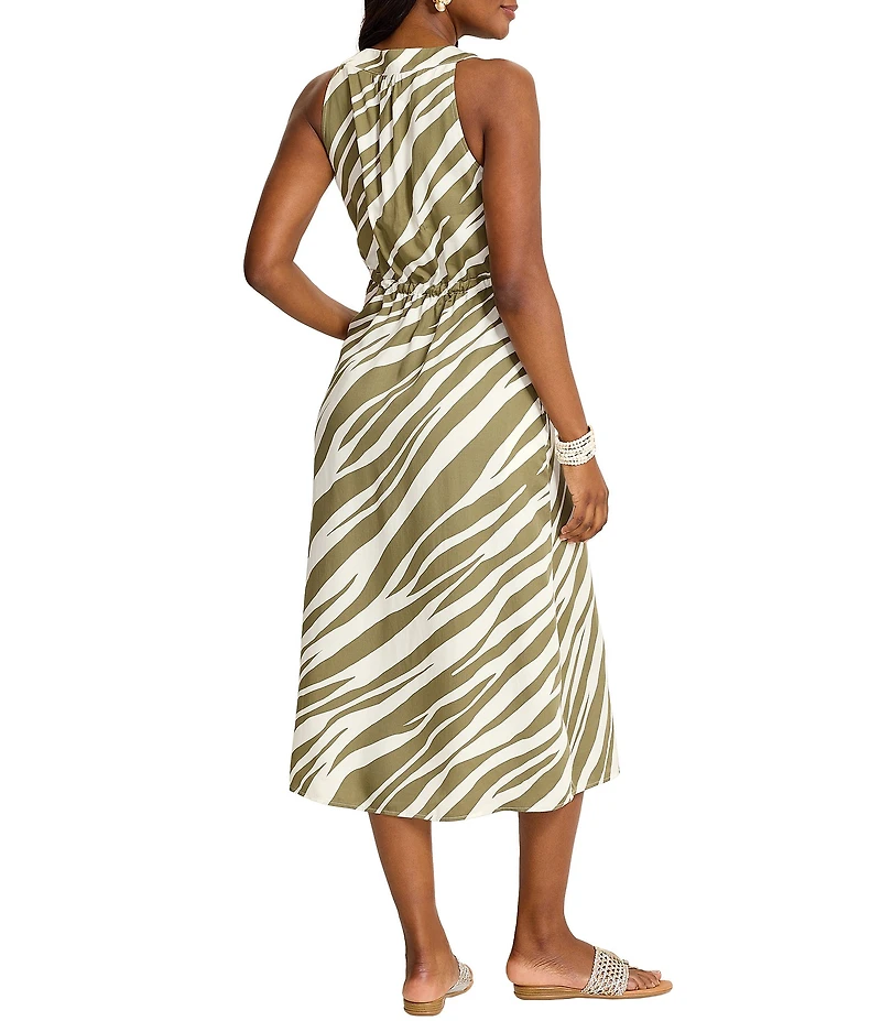 Tommy Bahama Coastal Zebra Satin V-Neck Sleeveless Faux Wrap Midi Dress