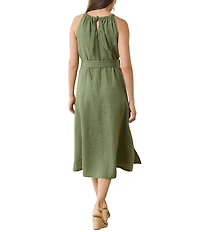 Tommy Bahama Coastalina Linen Tie-Back Halter Neck Sleeveless Gold Bamboo Belted A-Line Midi Dress
