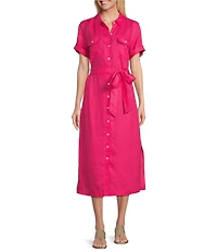 Tommy Bahama Coastalina Point Collar Short Sleeve Linen Midi A-Line Shirt Dress