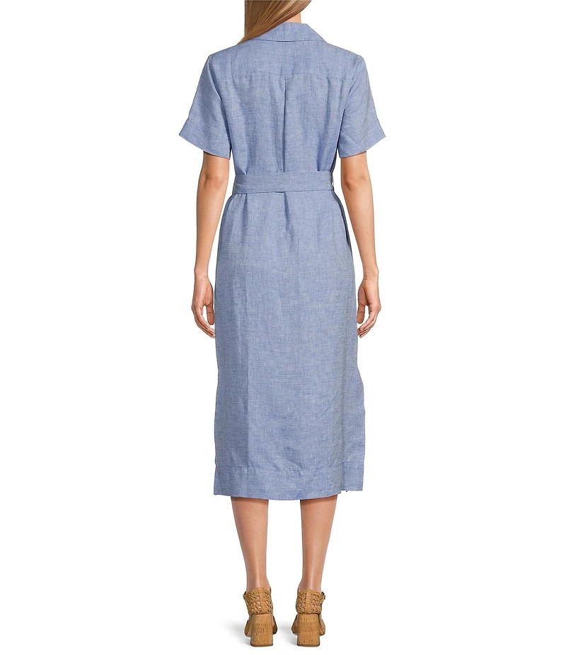 Tommy Bahama Coastalina Solid Cross Dyed Linen Plain Weave Point Collared Popover Midi Dress