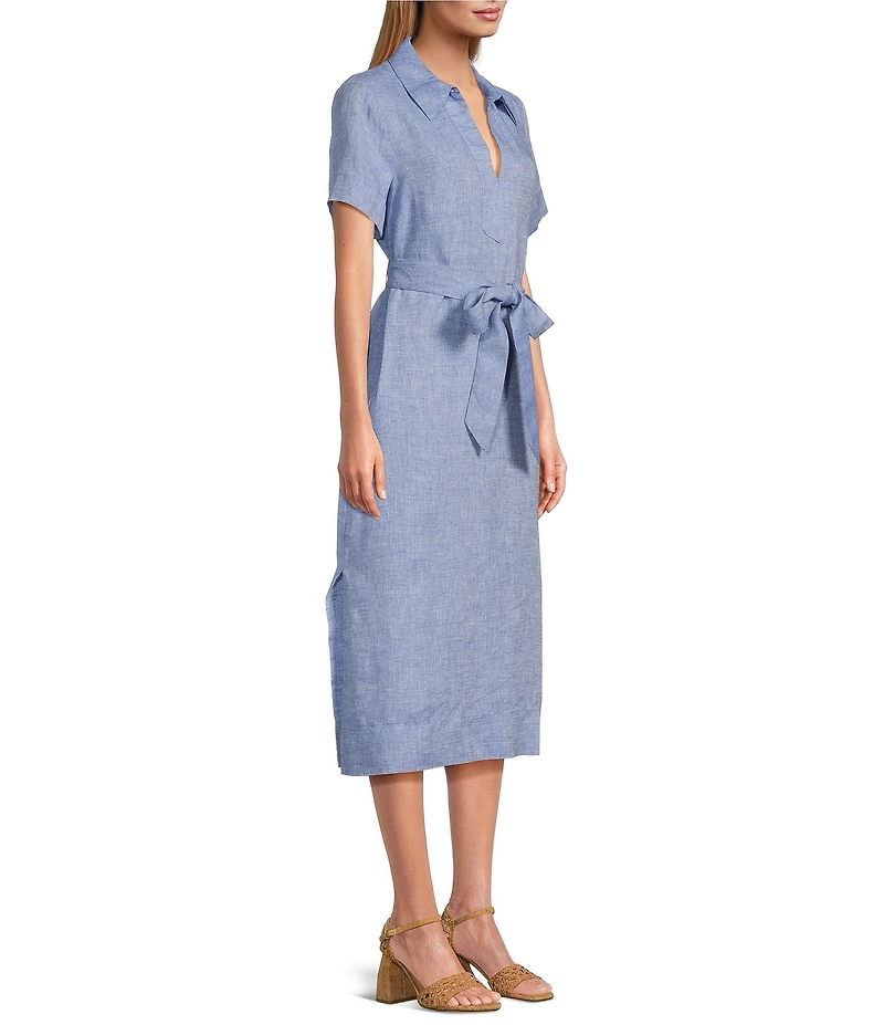 Tommy Bahama Coastalina Solid Cross Dyed Linen Plain Weave Point Collared Popover Midi Dress