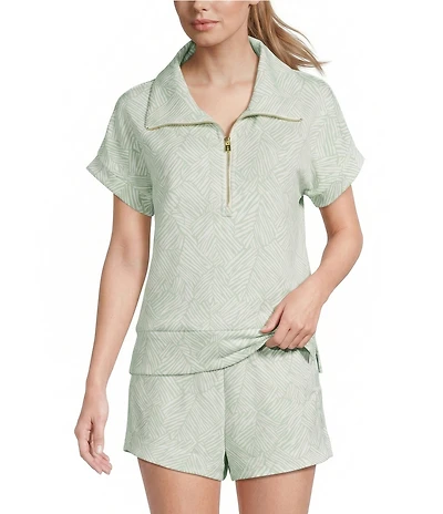 Tommy Bahama Coordinating Scuba Palm Voyage Porto Fronds Printed Fold Down Collar Short Sleeve Half Zip Top