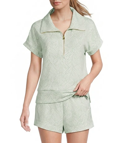 Tommy Bahama Coordinating Scuba Palm Voyage Porto Fronds Printed Fold Down Collar Short Sleeve Half Zip Top