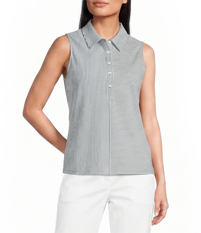 Tommy Bahama Costa Wave Double Dyed Seersucker Polo Collar Sleeveless Top