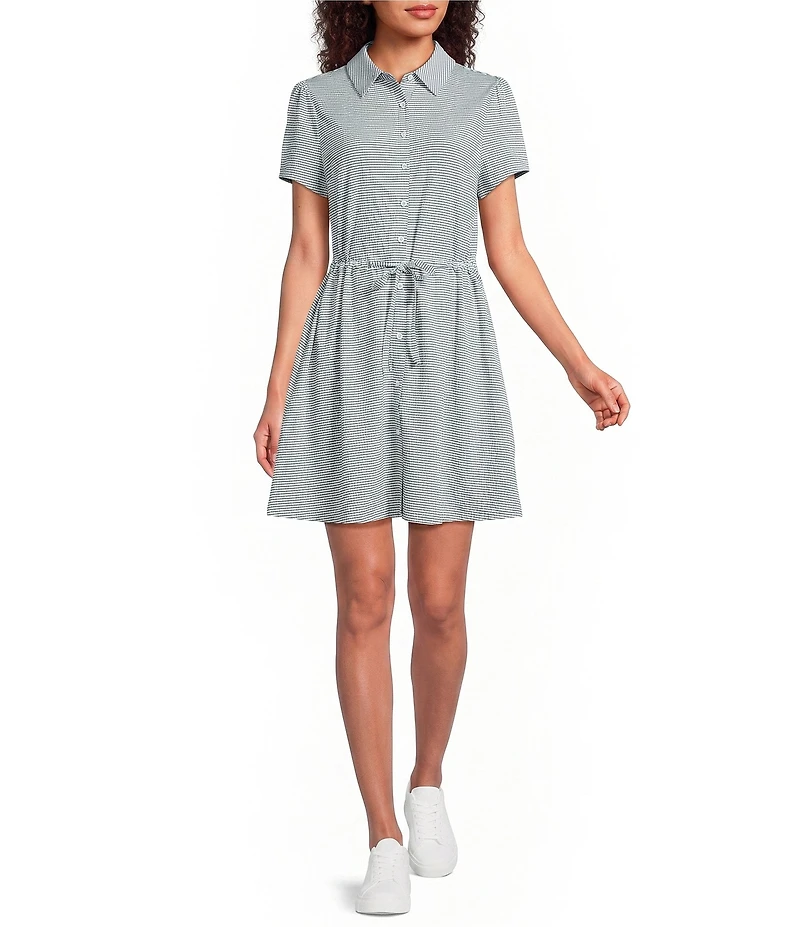 Tommy Bahama Costa Wave Textured Double Dyed Seersucker Polo Collar Short Puff Sleeve Concealed Short Dress