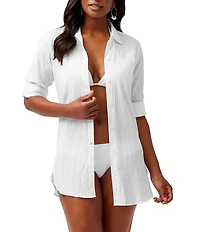 Tommy Bahama Crinkle Cotton Point Collar Long Roll-Tab Sleeve Boyfriend Swim Cover Up Shirt