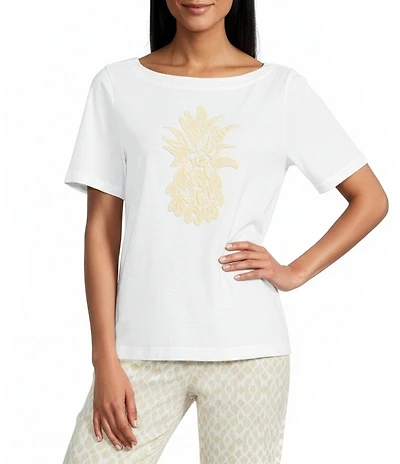 Tommy Bahama Crochet Pineapple Knit Crew Neck Short Sleeve Tee