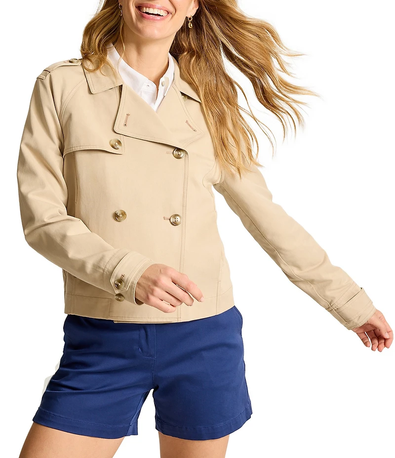 Tommy Bahama Crop Trench Micro Peached Twill Notch Lapel Long Sleeve Cropped Trench Jacket