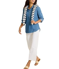 Tommy Bahama Cross Hatch Denim Boyfriend Point Collar Long Sleeve Popover Top