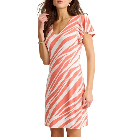 Tommy Bahama Darcy Coastal Zebra V-Neck Short Flutter Sleeve Shift Dress