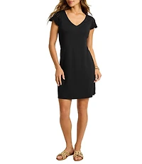 Tommy Bahama Darcy Drapery Ponte V-Neck Flutter Crochet Sleeve Sheath Dress