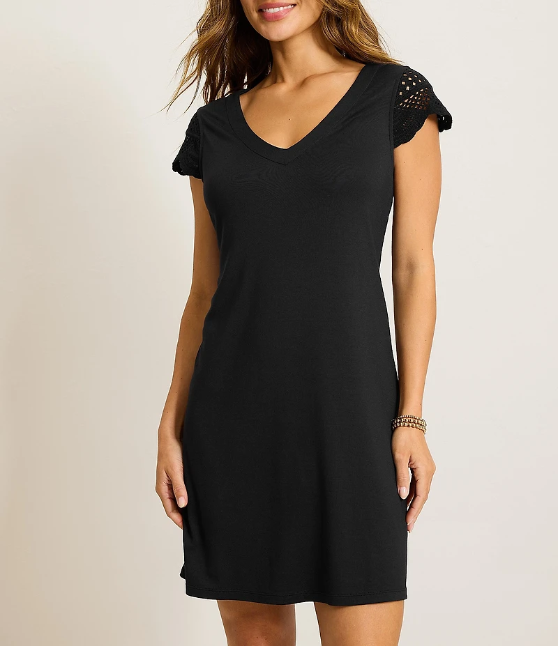Tommy Bahama Darcy Drapery Ponte V-Neck Flutter Crochet Sleeve Sheath Dress