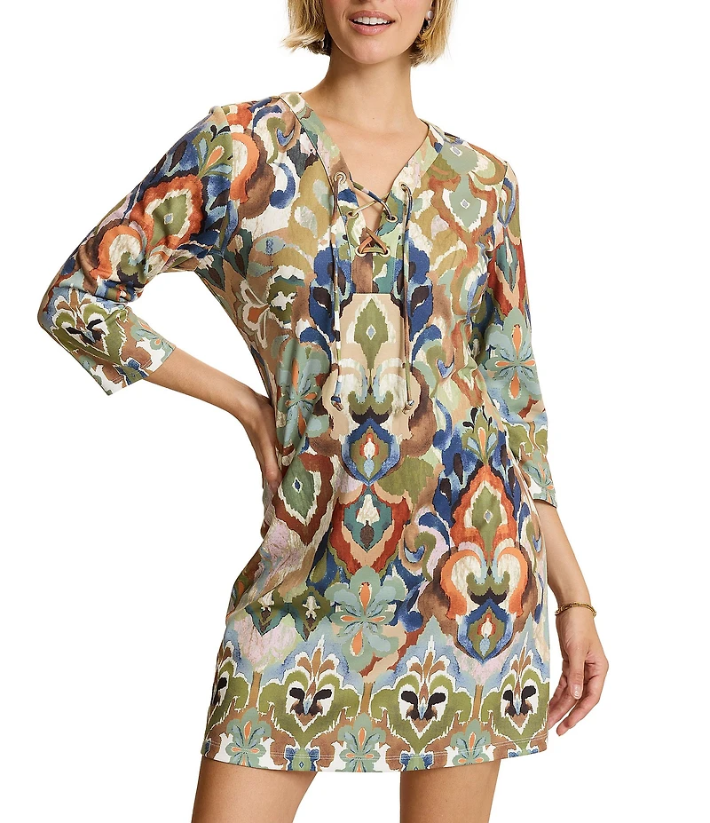 Tommy Bahama Darcy Hideaway Ponte Digital Print Lace-Up V-Neck Long Sleeve Shift Dress