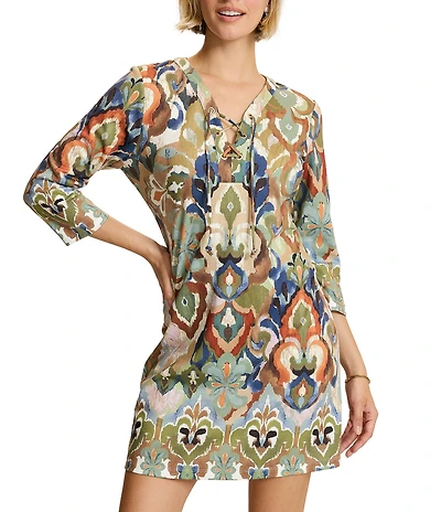 Tommy Bahama Darcy Hideaway Ponte Digital Print Lace-Up V-Neck Long Sleeve Shift Dress