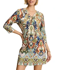 Tommy Bahama Darcy Hideaway Ponte Digital Print Lace-Up V-Neck Long Sleeve Shift Dress