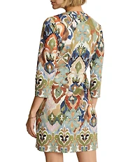 Tommy Bahama Darcy Hideaway Ponte Digital Print Lace-Up V-Neck Long Sleeve Shift Dress
