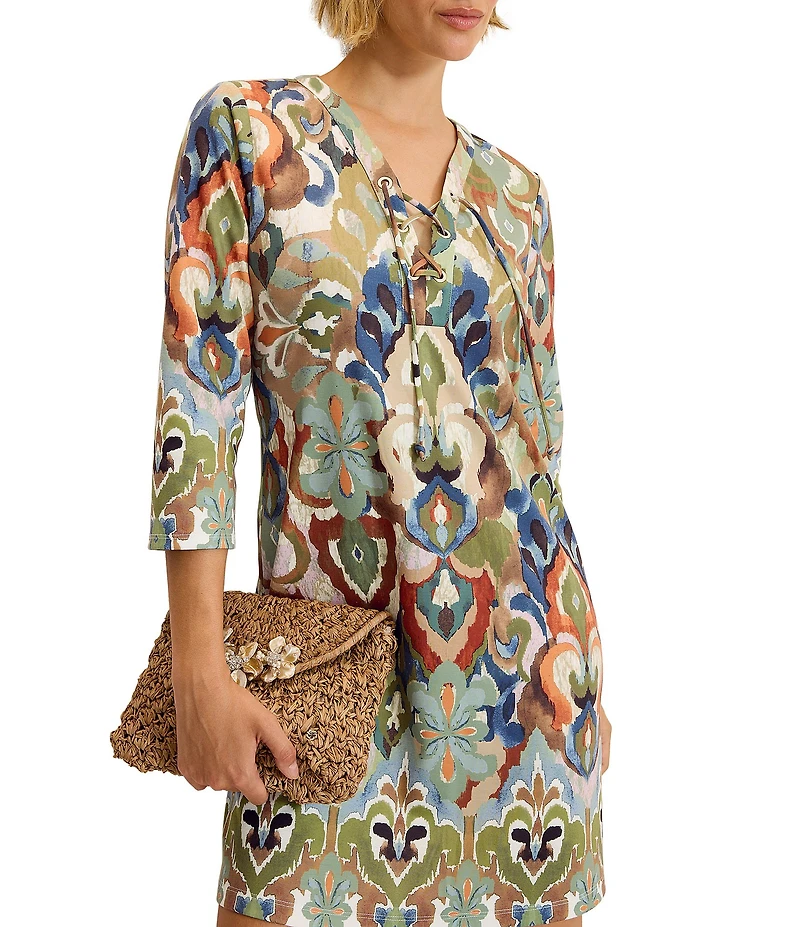 Tommy Bahama Darcy Hideaway Ponte Digital Print Lace-Up V-Neck Long Sleeve Shift Dress