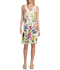 Tommy Bahama Darcy Verde Bloom Printed Drapery Ponte Jersey V-Neck Sleeveless Sheath Dress