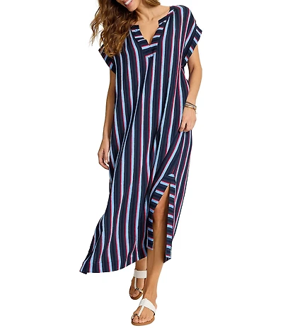 Tommy Bahama Deep Sea Stripe Short Sleeve Caftan Swim Cover-Up