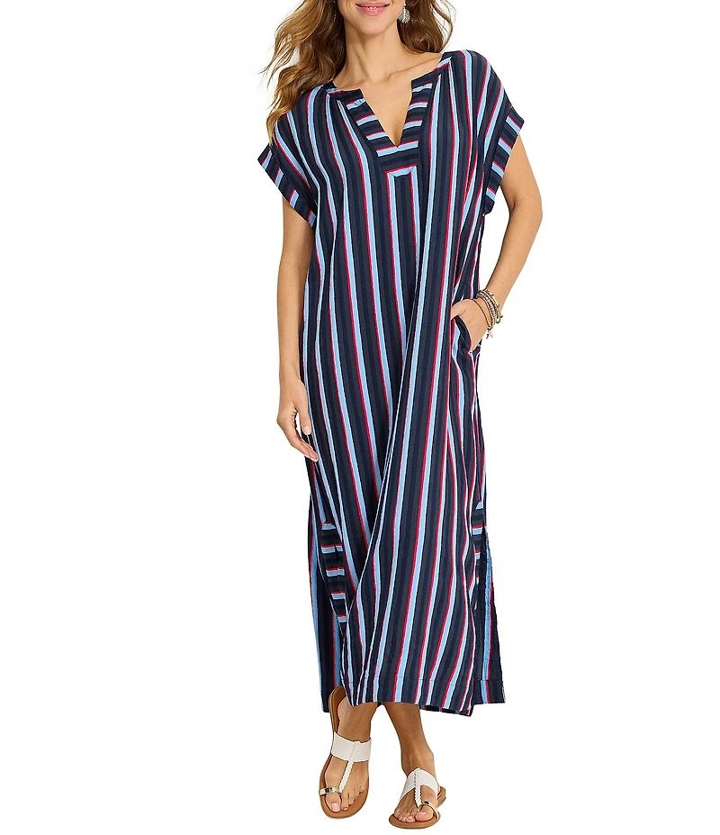 Tommy Bahama Deep Sea Stripe Short Sleeve Caftan Swim Cover-Up