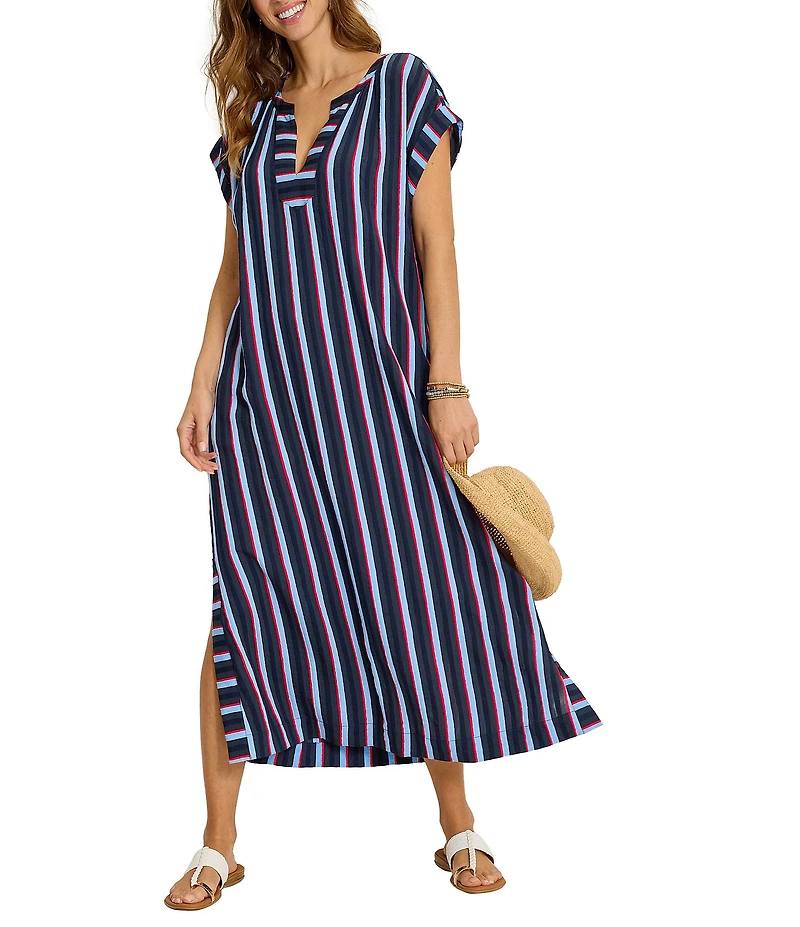 Tommy Bahama Deep Sea Stripe Short Sleeve Caftan Swim Cover-Up