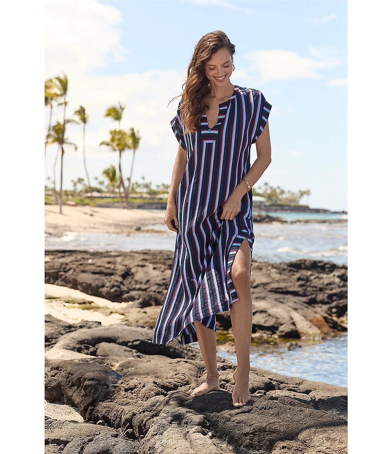 Tommy Bahama Deep Sea Stripe Short Sleeve Caftan Swim Cover-Up
