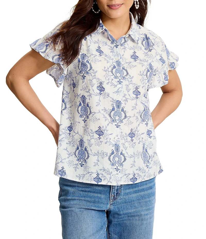 Tommy Bahama Dobby Metallic Noble Pineapple Flourish Point Collar Short Flutter Sleeve Button Front Shirt