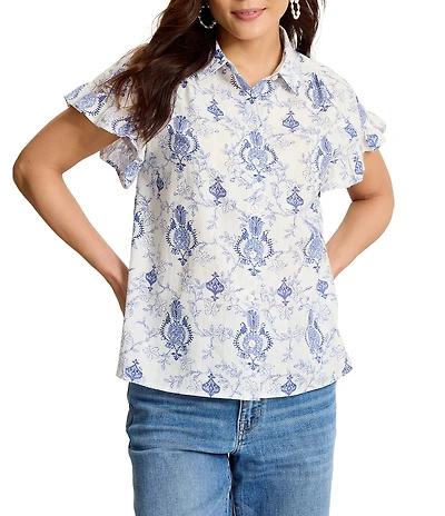 Tommy Bahama Dobby Metallic Noble Pineapple Flourish Point Collar Short Flutter Sleeve Button Front Shirt