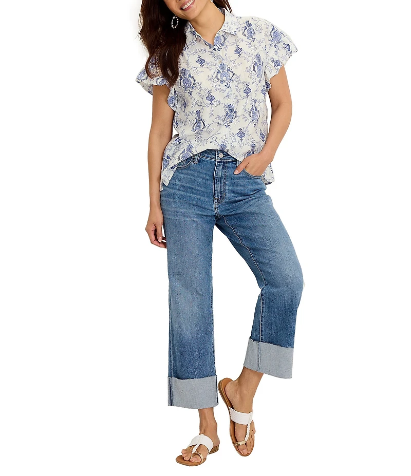 Tommy Bahama Dobby Metallic Noble Pineapple Flourish Point Collar Short Flutter Sleeve Button Front Shirt