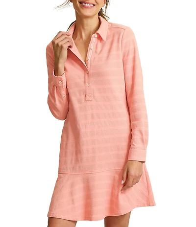 Tommy Bahama Dotted Tonal Stripe Jacquard Point Collar Long Sleeve Blouson Dress