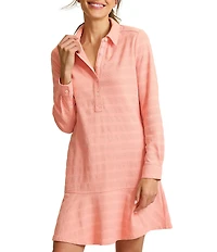 Tommy Bahama Dotted Tonal Stripe Jacquard Point Collar Long Sleeve Blouson Dress