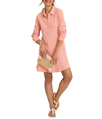 Tommy Bahama Dotted Tonal Stripe Jacquard Point Collar Long Sleeve Blouson Dress