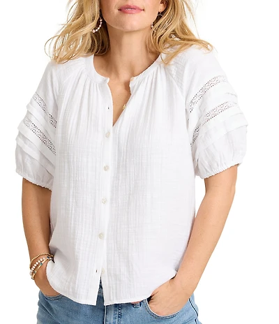 Tommy Bahama Double Layer Gauze Cotton Round Neck Lace Inset Short Puff Sleeve Button-Front Shirt