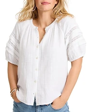 Tommy Bahama Double Layer Gauze Cotton Round Neck Lace Inset Short Puff Sleeve Button-Front Shirt