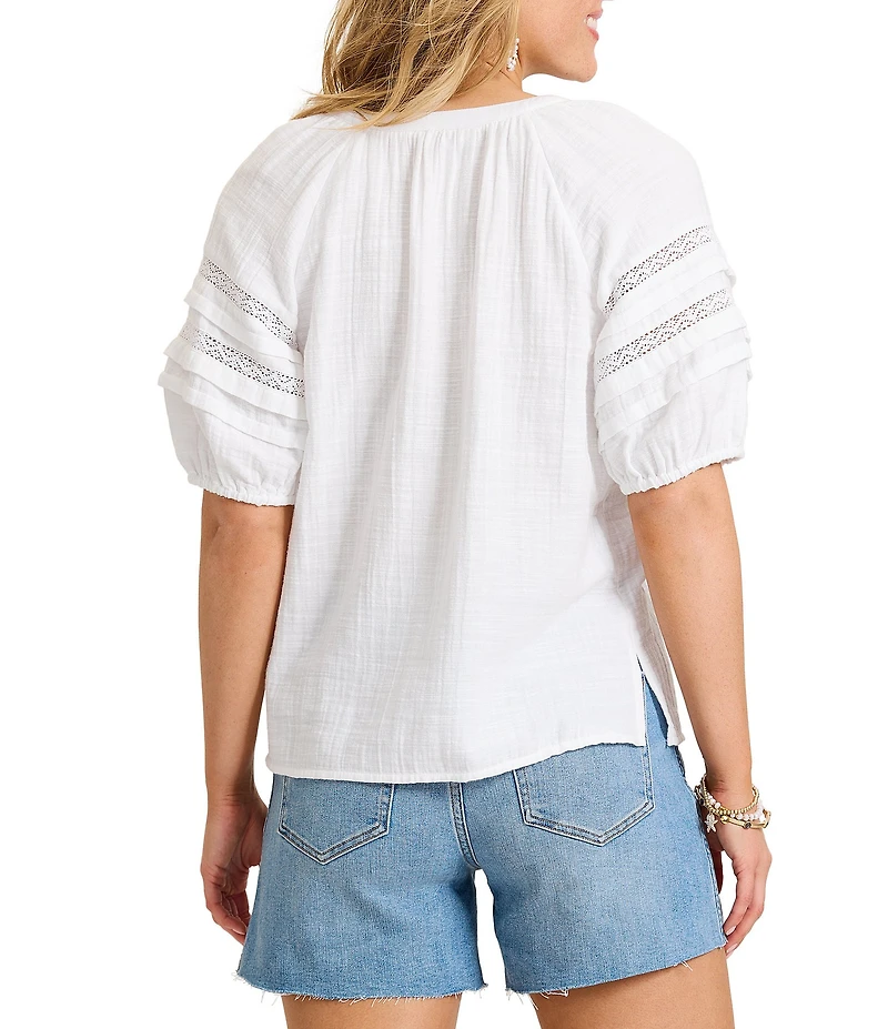 Tommy Bahama Double Layer Gauze Cotton Round Neck Lace Inset Short Puff Sleeve Button-Front Shirt