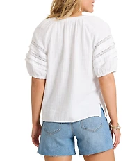 Tommy Bahama Double Layer Gauze Cotton Round Neck Lace Inset Short Puff Sleeve Button-Front Shirt