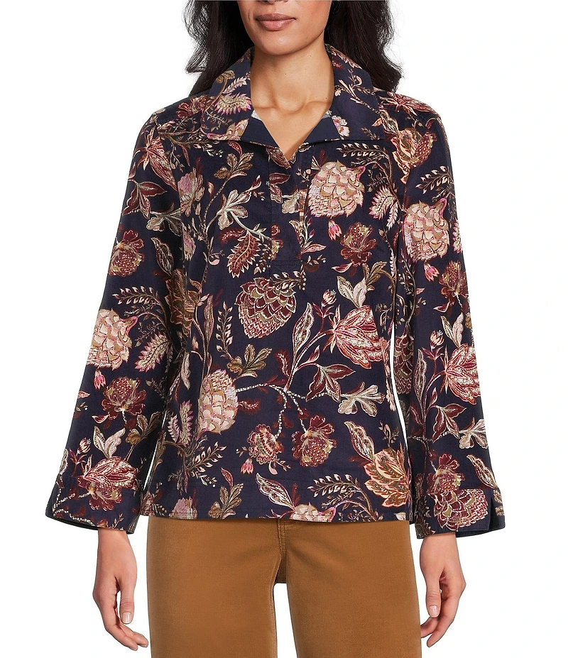 Tommy Bahama Exquisite Bloom Micro Corduroy Point Collar Long Sleeve Popover