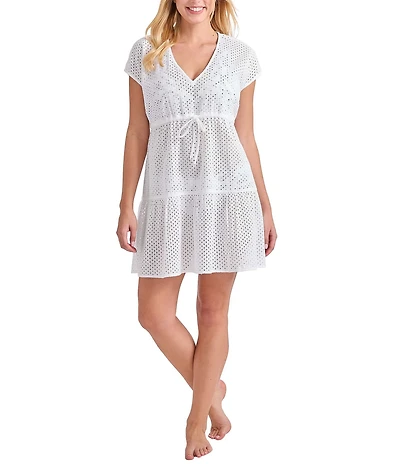 Tommy Bahama Organic Cotton Eyelet Cove V-Neck Swim Cover-Up Dress
