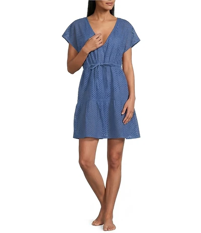 Tommy Bahama Organic Cotton Eyelet Cove V-Neck Swim Cover-Up Dress