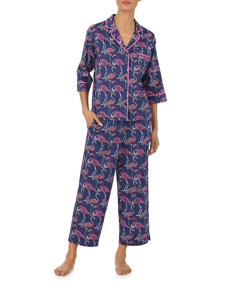 Tommy Bahama Flamingo Print 3/4 Sleeve Notch Collar Woven Cropped Pajama Set