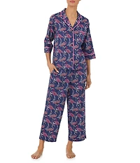 Tommy Bahama Flamingo Print 3/4 Sleeve Notch Collar Woven Cropped Pajama Set