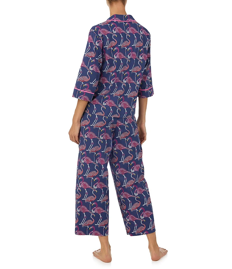 Tommy Bahama Flamingo Print 3/4 Sleeve Notch Collar Woven Cropped Pajama Set