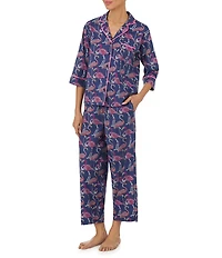 Tommy Bahama Flamingo Print 3/4 Sleeve Notch Collar Woven Cropped Pajama Set