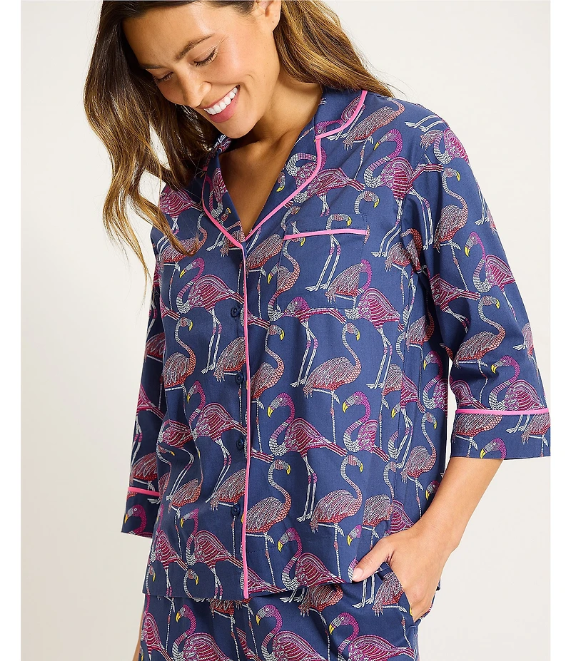 Tommy Bahama Flamingo Print 3/4 Sleeve Notch Collar Woven Cropped Pajama Set